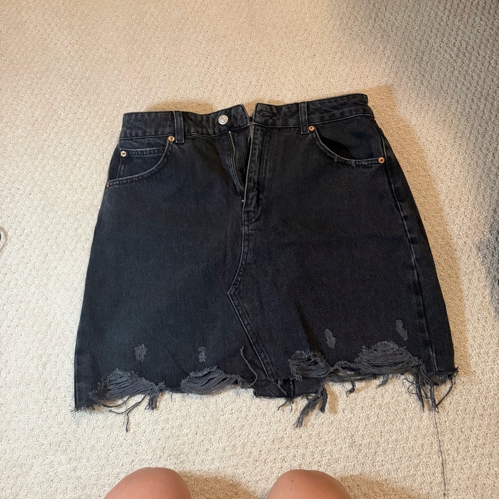 Topshop black distressed jean skirt